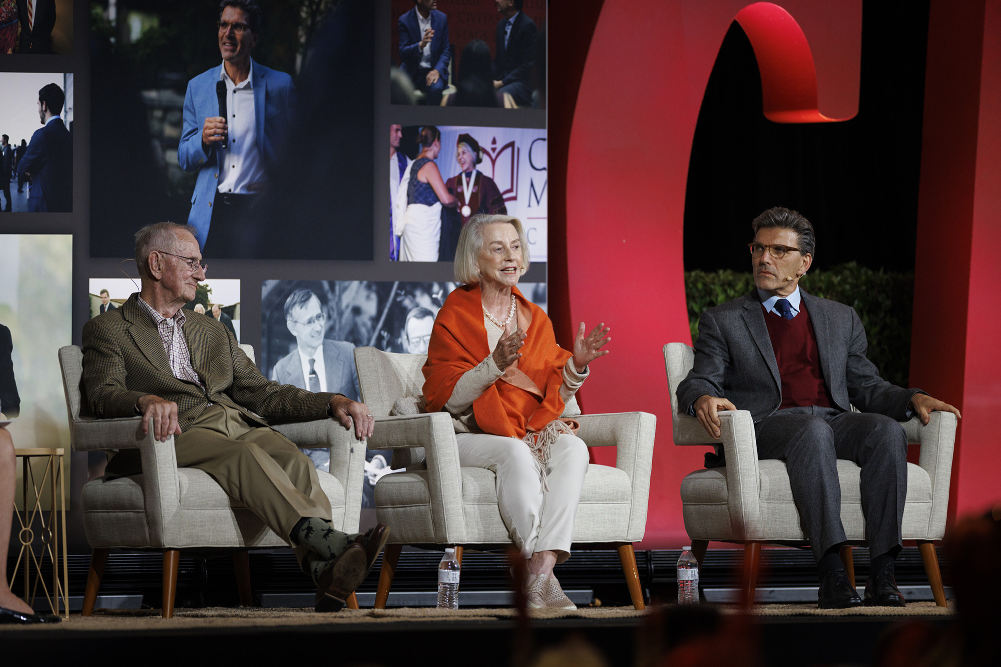 CMC presidents sit together on the same stage for the first time in the school's history. From left to right: Presidents Jack Stark '57 P'11, Pamela Gann, and Hiram Chodosh.