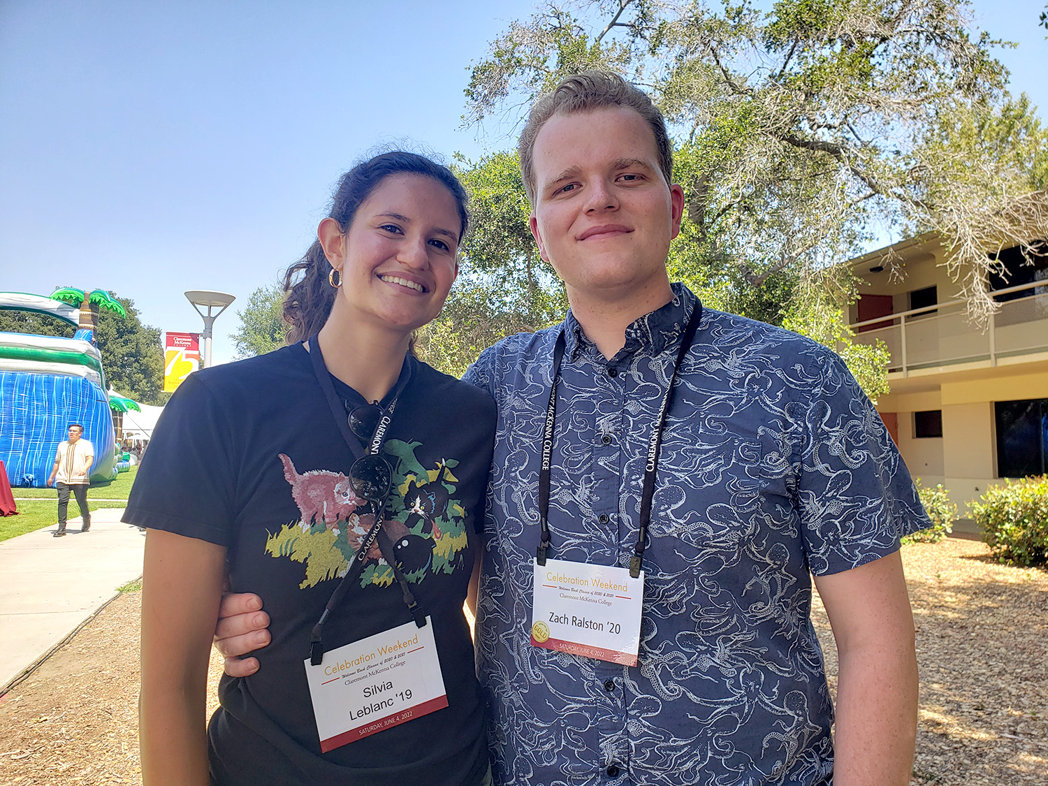 Zach Ralston ’20 and Silvia LeBlanc ’19 pose together, arm-in-arm, during CMC's Celebration Weekend for the Classes of 2020 and 2021.