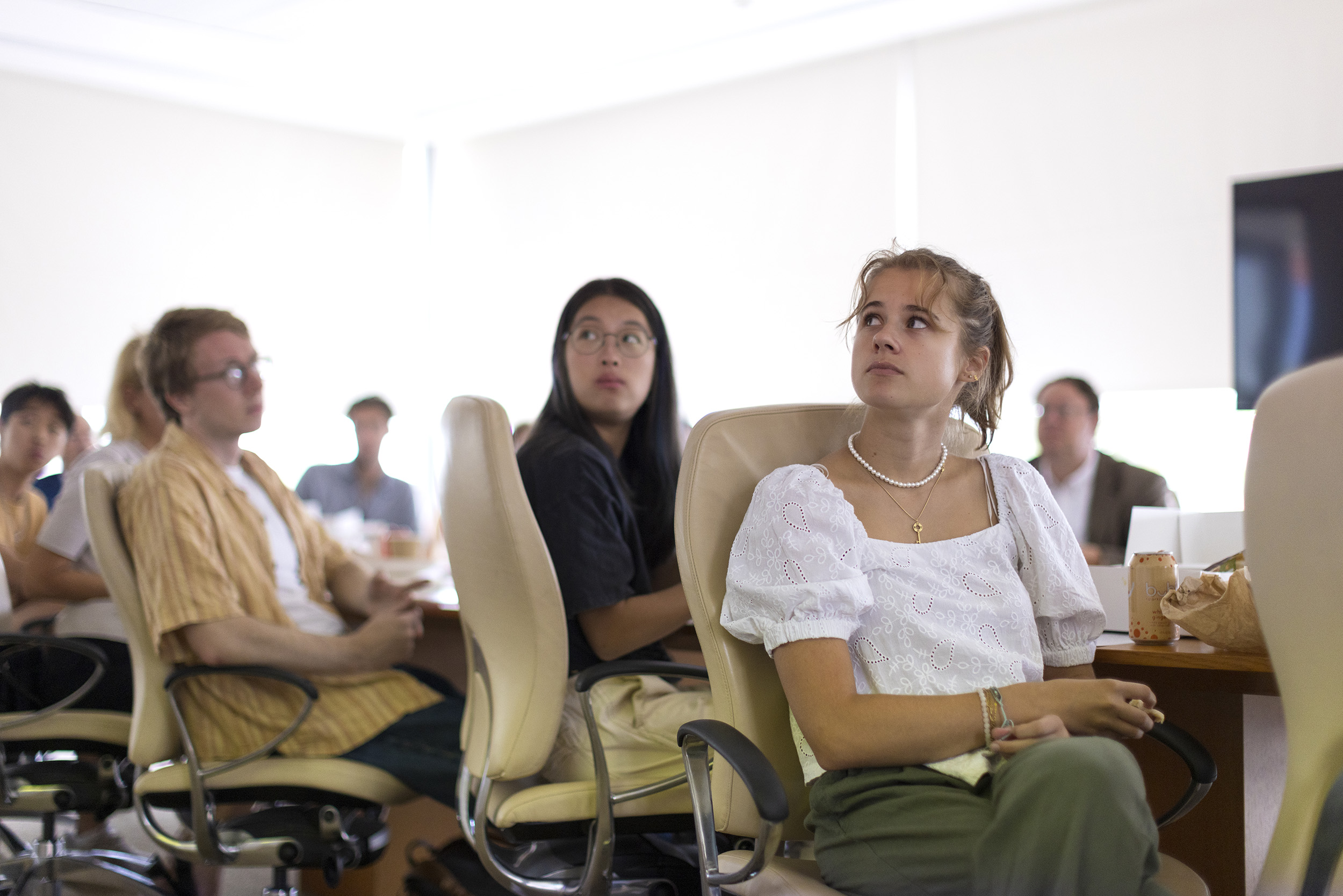 Students attend an on-campus presentation over lunch with Anna Romandash.