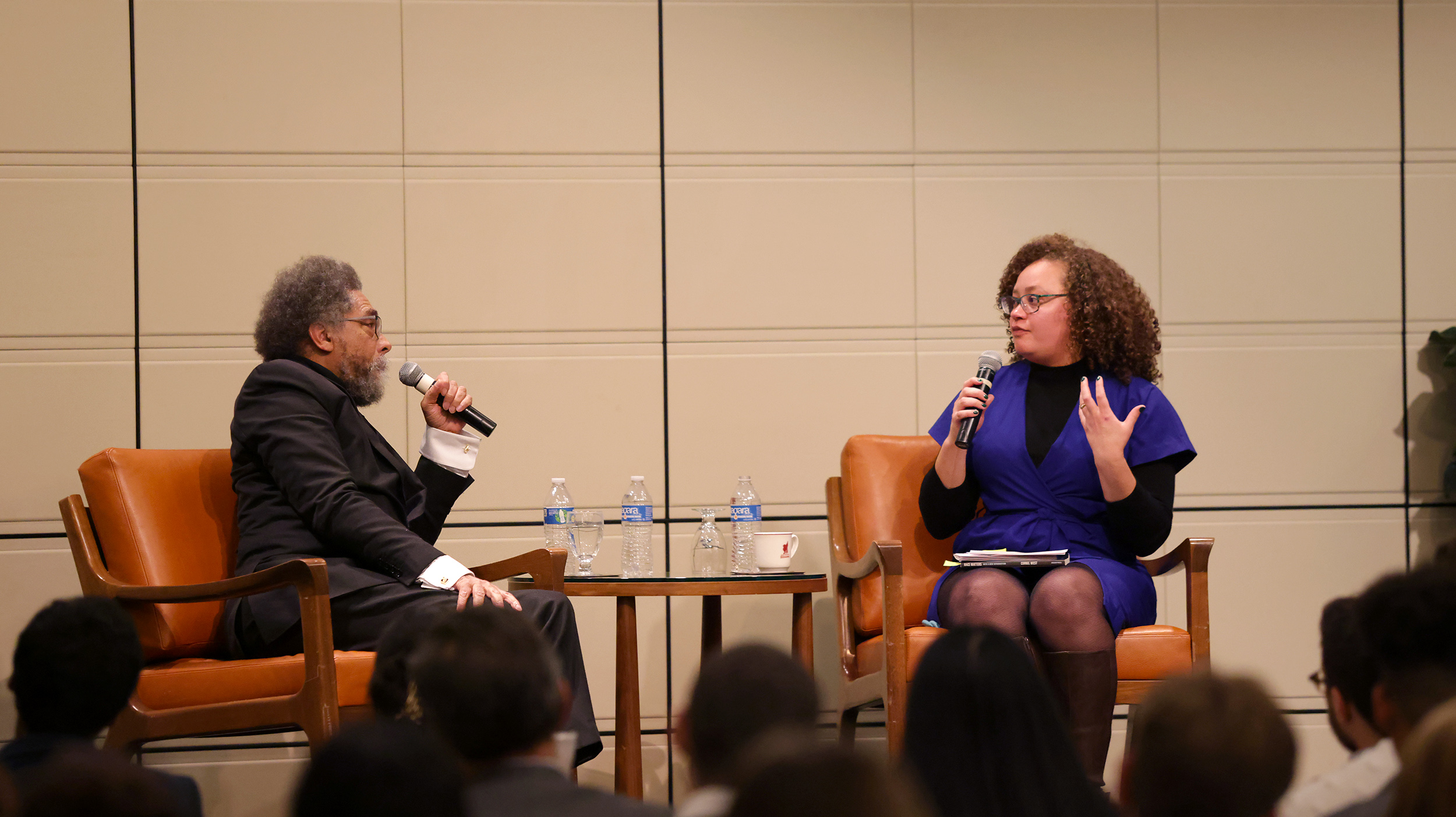 Philosopher and professor Cornel West speaking at the Ath, facilitated by professor Briana Toole.