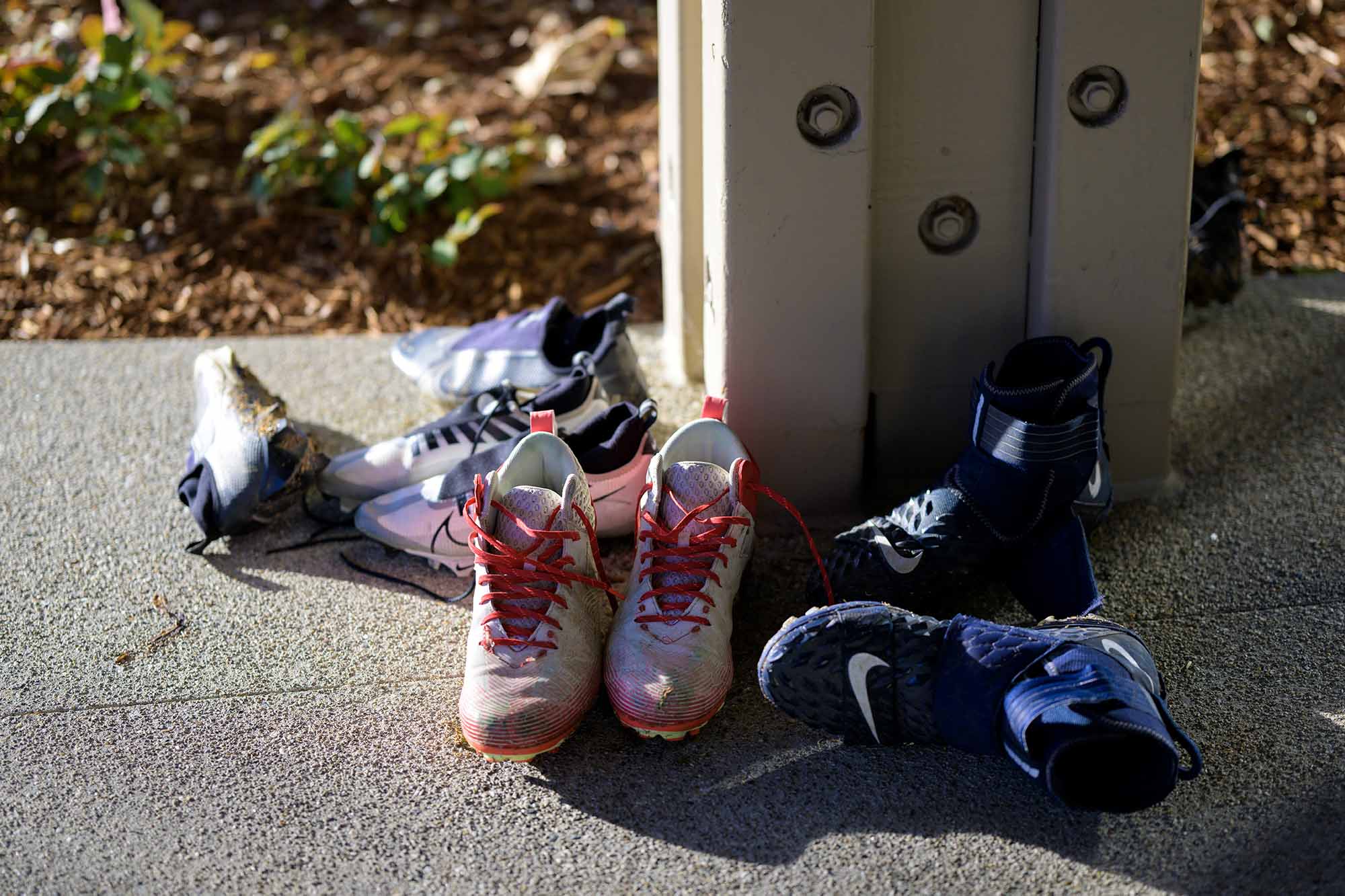 A pile of athletic shoes.