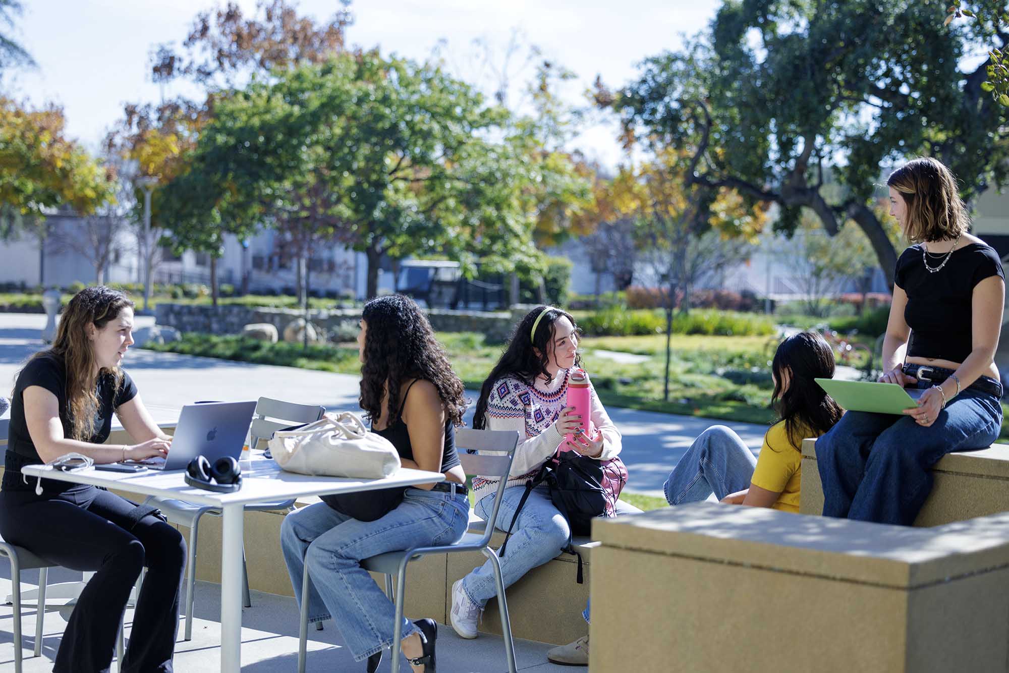 Group of students sitting on planters on the first day of the Spring 2024 semester.