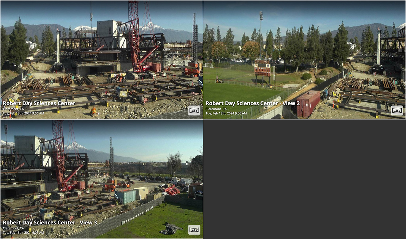 Screenshot of the Robert Day Sciences Center construction video stream.