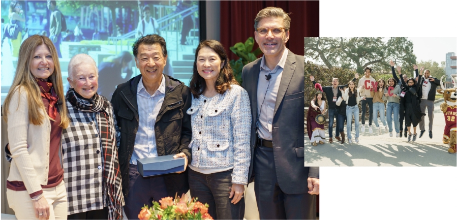 CMC Family members smiling with President Hiram Chodosh during Family Weekend 2024.