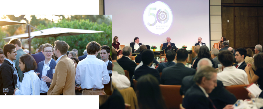 CMC alumni on campus celebrating the Rose Institute of State and Local Government's 50th anniversary.