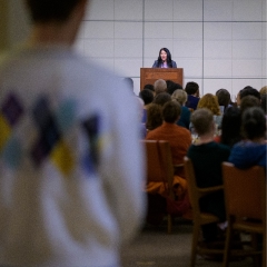 U.S. Poet Laureate Ada Limón speaking at the Marian Miner Cook Athenaeum.