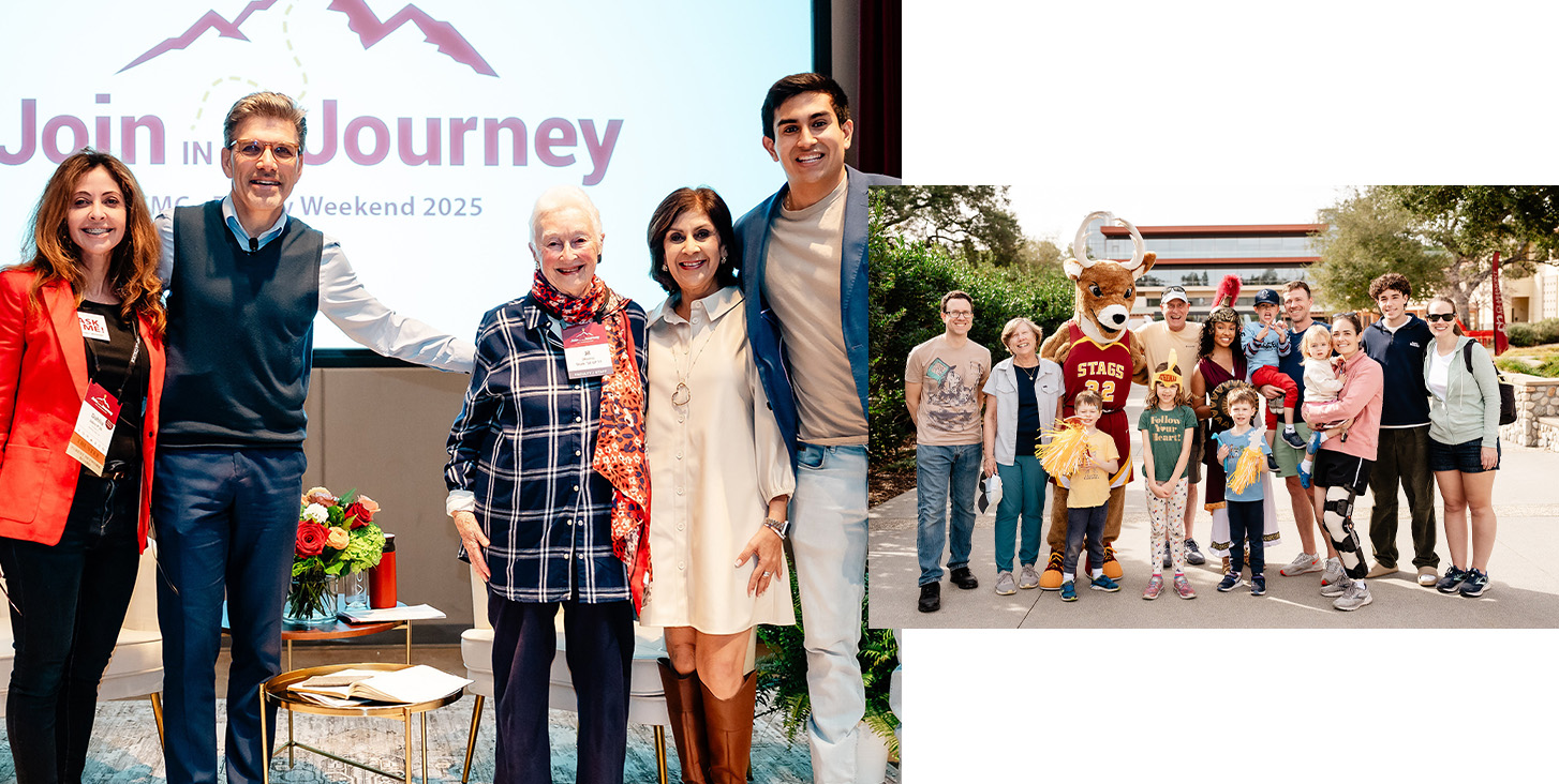 Collage with Hiram and guests on the left; family posing with the CMC mascots to the right.