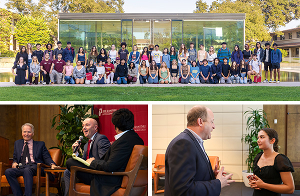 Gould Center students in front of the Massoud (top); Spencer Cox (bottom left) and Jared Polis (bottom right).