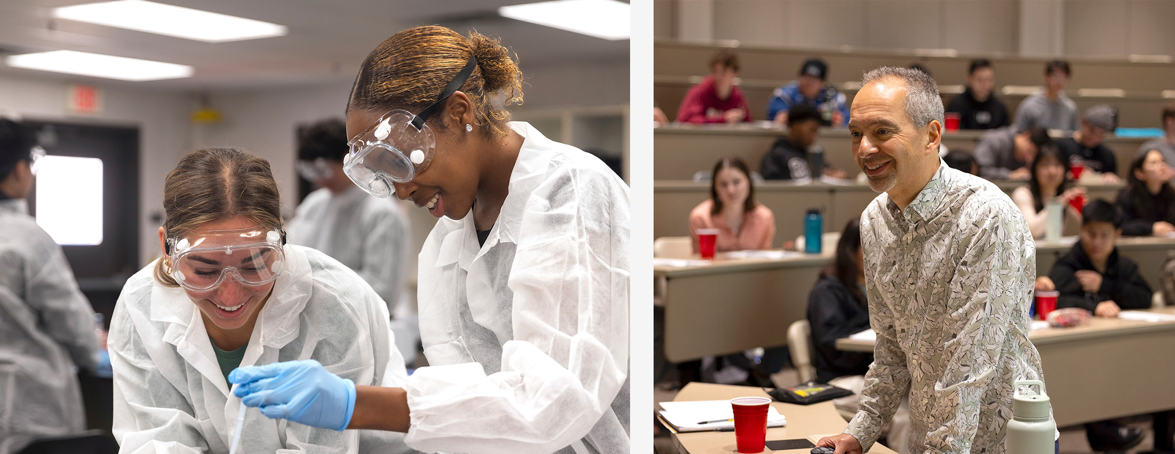 Two female students working with beakers in lab (left); Professor Ran Libeskind-Hadas (right)