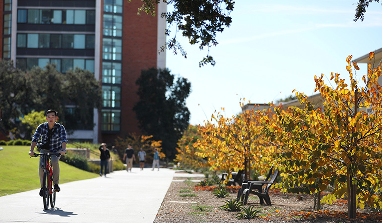 Student riding bike across campus during Fall.
