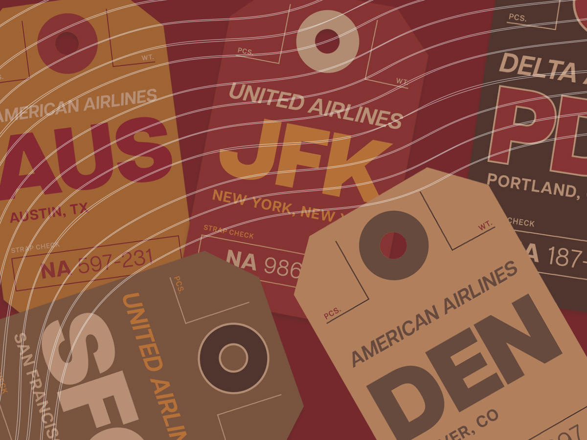 Abstract collage of various luggage tags.