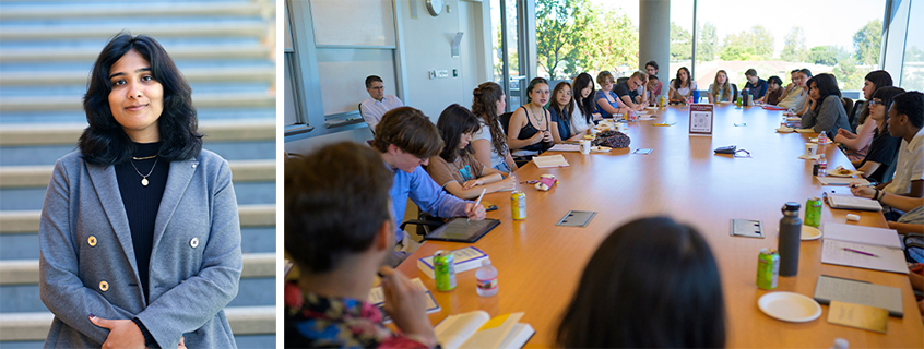 Open Academy student fellow Dhriti Jagadish ’27 (left); an Open Academy Saturday Salon. 