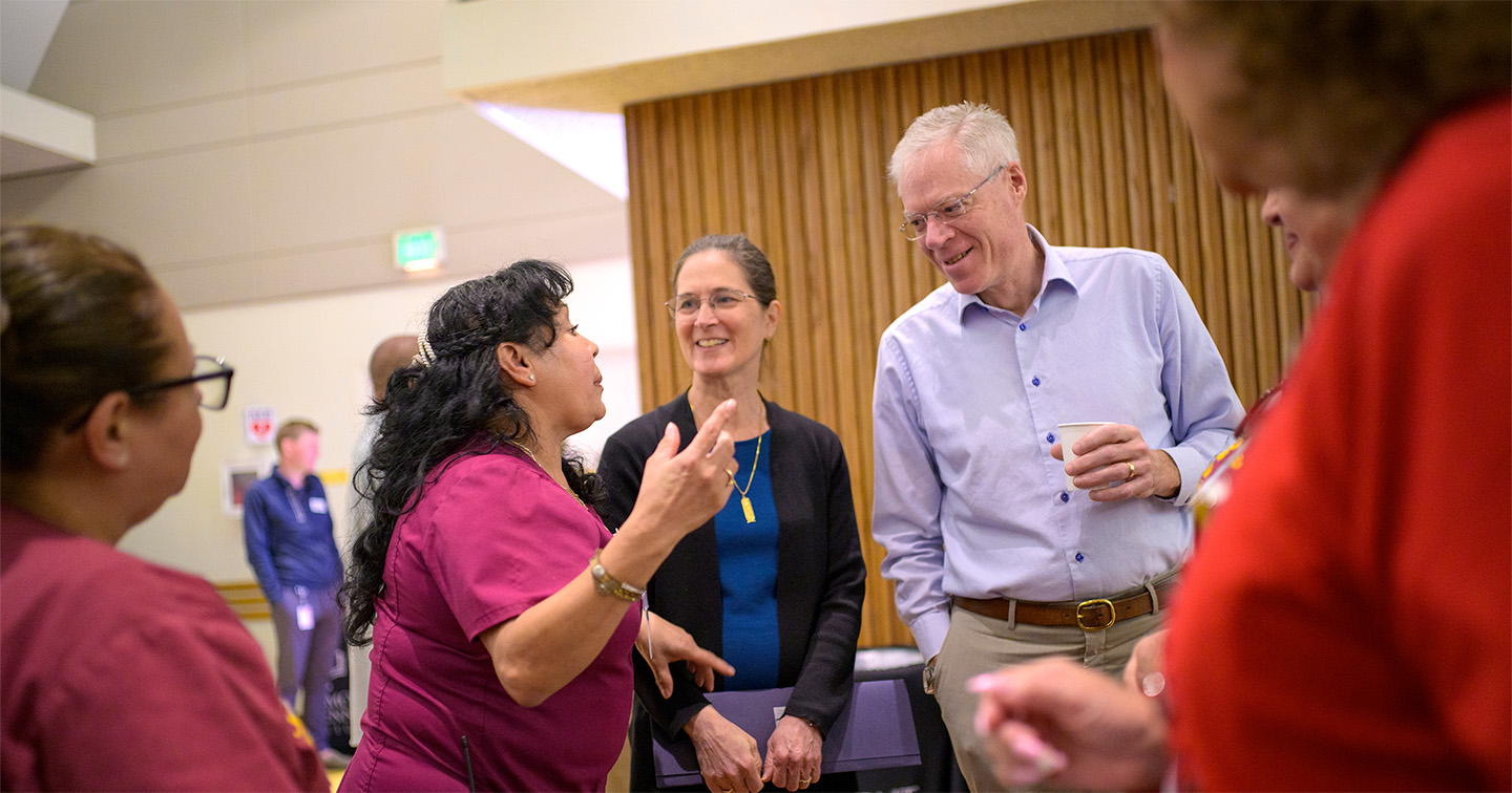 President-Elect Will Dudley speaking with staff at a breakfast during his visit to campus in February.