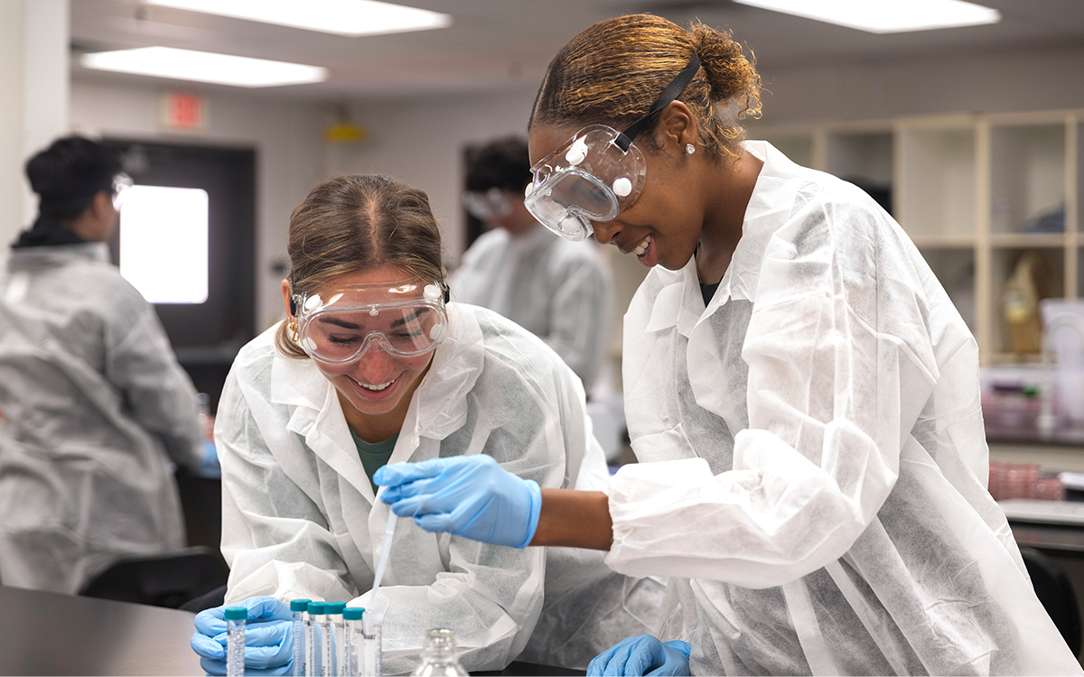 Two students working with test tubes in an integrated sciences lab.