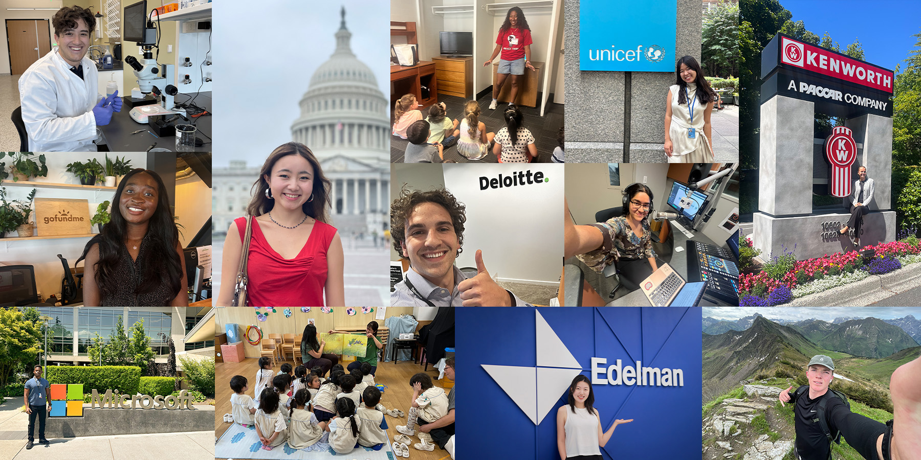 Collage of images from students in their 2025-2026 their sponsored internships.