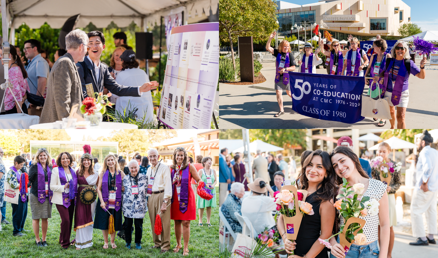 A collage of photos from ImpactCMC 2026: a student and alumnus viewing the 50 Years of Co-Education timeline, six Class of 1980 alumnae leading the Co-Education Celebration Processional, 3 CMC alumnae with Jack and Jil Stark and the Athena mascot, and two CMC students at the bouquet making event. 