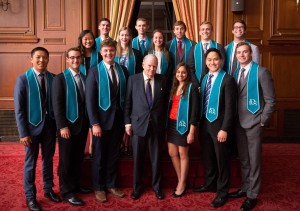 Class of 2015 Robert Day Scholars enjoy a photograph with Robert Day.