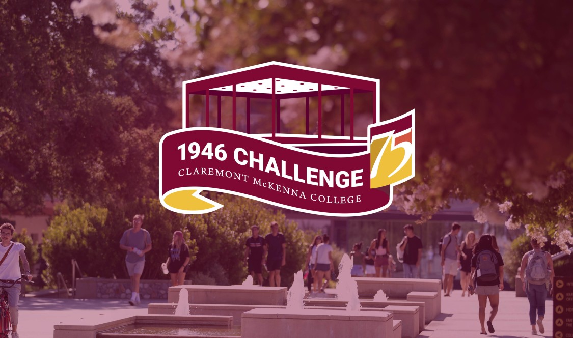 1946 Challenge logo superimposed over red tinted photo of students walking on campus