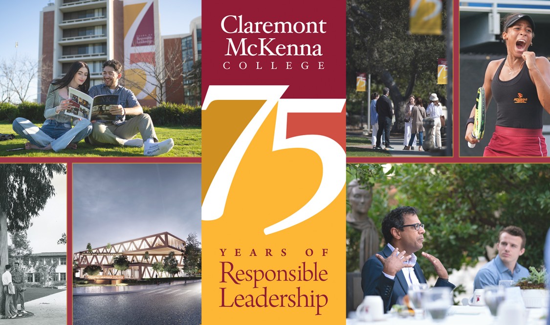 A photo collage of key moments from CMC's 75th Anniversary (clockwise): students share a copy of Fall 2022 CMC Magazine on Parents Field, a tour group pauses along a pathway lined with trees and &quot;75th&quot; lamppost banners, a tennis Athena celebrates victory on the court, Atul Gawande shares in a discussion over an outdoor meal at the Ath head table, an architect rendering of the new Robert Day Sciences Center at night, and a black and white photo from one of CMC's 75th Anniversary archives.