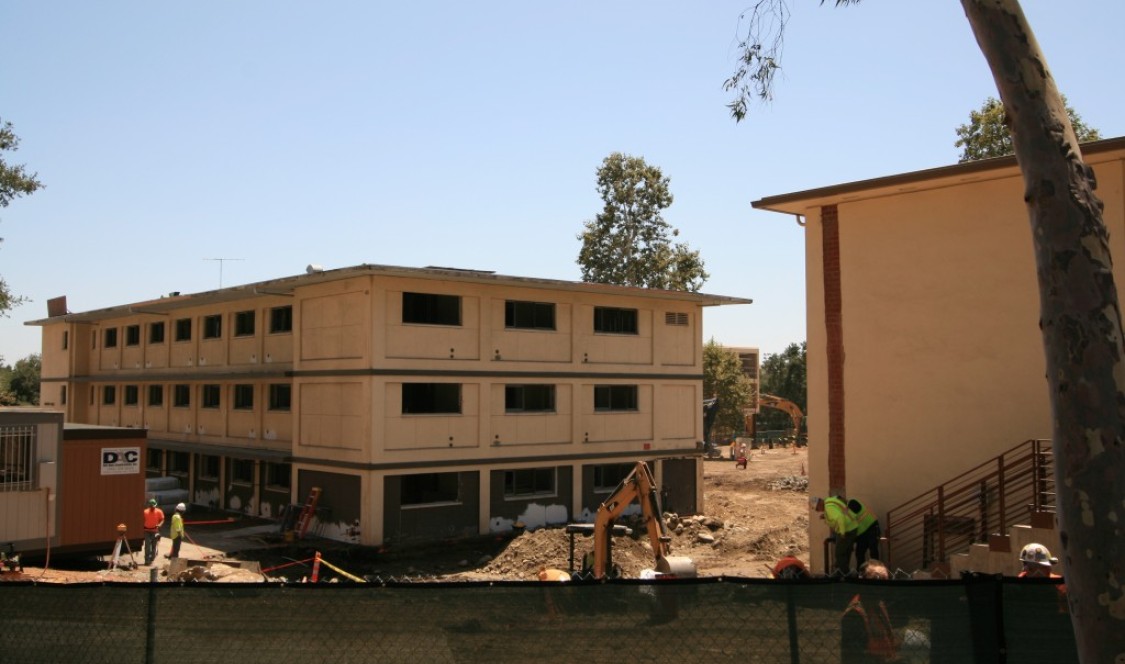 Benson (left) and Berger Halls under renovation on Claremont McKenna's campus.