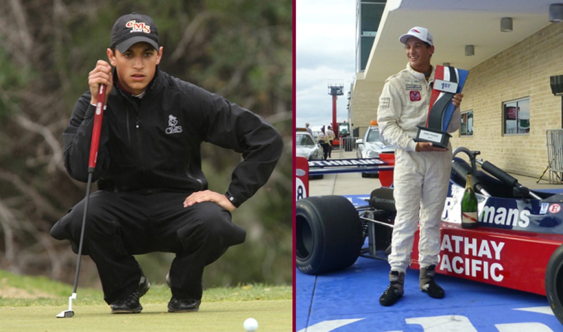 CMC and CMS men's golfer Tim de Silva lining up a putt on half of the picture. The other half of the picture he is holding a trophy on the podium after winning a race.