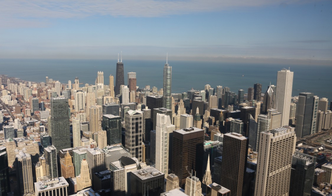 An aerial view of the Chicago skyline.