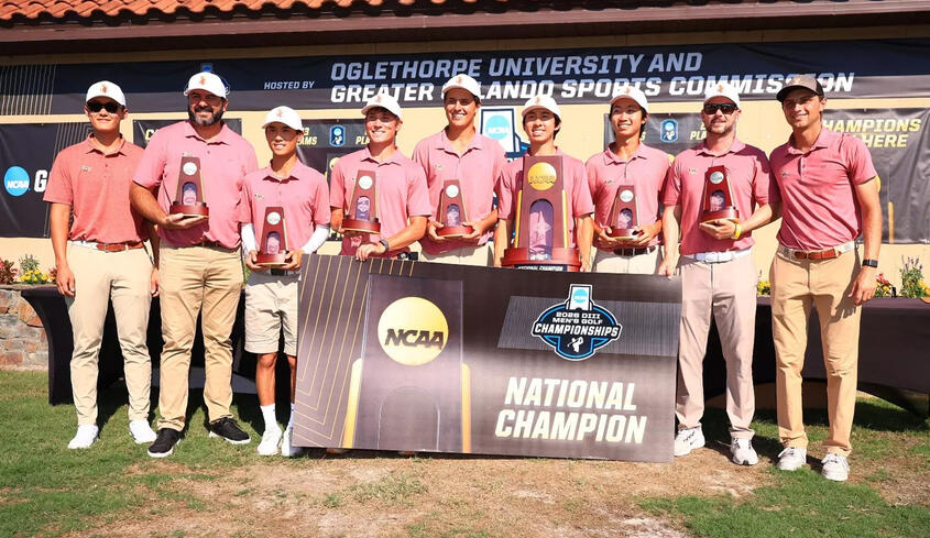 The Claremont-Mudd-Scripps men's golf team presenting their NCAA Division III championship win.