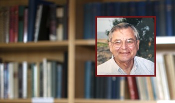 Portrait of Ronald C. Moe ’59 superimposed over an image of library books