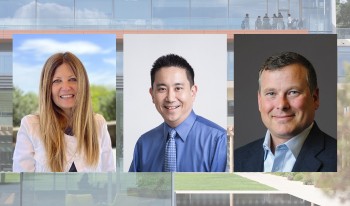 Photo composite of new trustees against a background of the Kravis Center and the Kube. From left to right: Allison Aldrich P'24, Eric Fujimoto ‘93, and Scott Torrey ’91 P’23 P’26