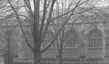 Black and white photo of old building.