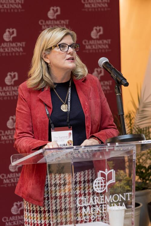 CMC Trustee Laura Grisolano ’86 at the podium during CMC Leads: The Summit.