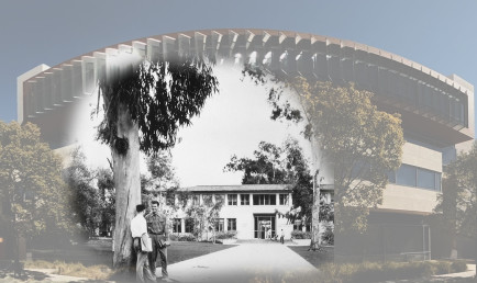 Photo collage with Kravis Center in the background and in the center, a black and white photo of students on campus in front of a building that no longer exists today (Pitzer Hall).