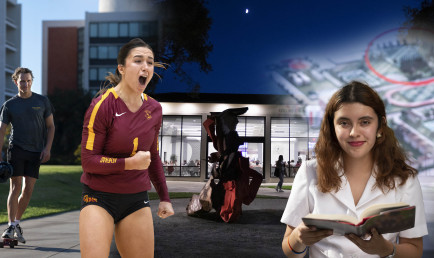 Photo collage of various major moments in 2021 (from left to right: student skateboarding in front of South Quad dorm buildings featuring 75th Anniversary environment graphic, Athena volleyball athlete during a game, Collins Dining Hall lit up at night with a Carol Bove piece in front, a student reading on a "Meet in the Middle" bench, and a deck slide from the Robert Day Sciences Center announcement)