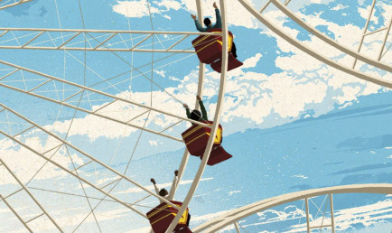 Digital illustration of people riding ferris wheels