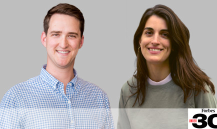 Photo composite of CMC alumni Kevin Lynch ’17 and Miriam Cruz ’15 on neutral background with Forbe's 30 Under 30 logo in the fore.