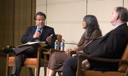 John Fund and Professor Gowri Ramachandran speaking at the Ath.