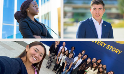 Collage of student honors at Claremont McKenna College, featuring Bertha Tobias ’23, Pieter van Wingerden ’24, and students on CMC Networking Treks.