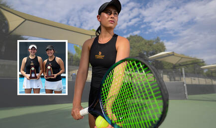 Lindsay Eisenman with tennis racket and insert shot with doubles partner
