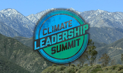 Climate Leadership Summit logo superimposed over a photo of San Gabriel Mountains