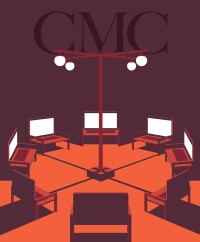 A digital illustration of Chris Burden's "Meet in the Middle" shows a retro lamp post surrounded by benches that are actually large laptops with the screens opened and facing the middle.