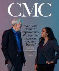 CMC Magazine cover art for Spring 2020: Tom Leppert '77 and Candace Valenzuela '05 standing together in profile. Between them is text: "We both desire to improve lives. We want to make our country better." – Tom Leppert '77, Candace Valenzuela '06, and the restoration of our faith in politics.