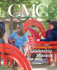 Fall 2022 CMC Magazine Cover: CMCers enjoy the bright red social benches of Jeppe Hein. Superimposed is the headline "Honoring Our Leadership Mission."