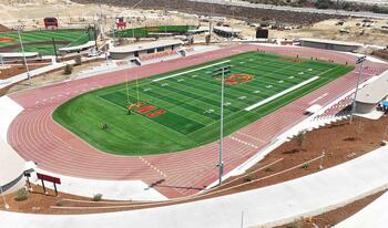 Overview shot of the football field at the Sports Bowl at the Roberts Campus