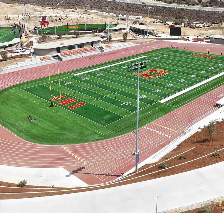 Overview shot of the football field at the Sports Bowl at the Roberts Campus